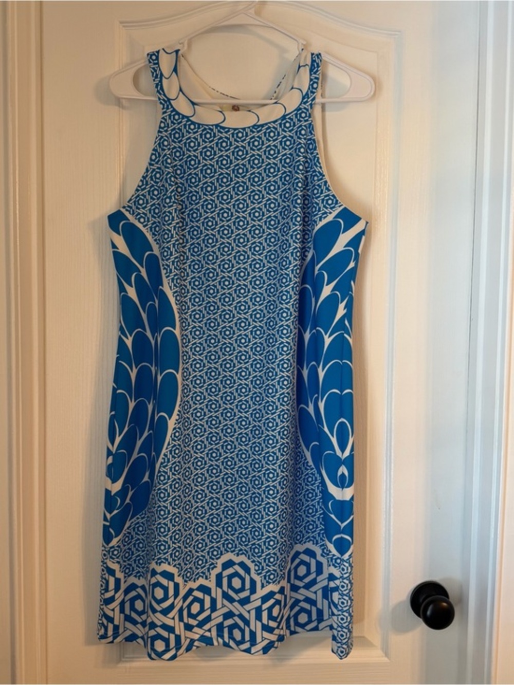 Aryeh Blue and White Sleeveless Patterned Shift Dress